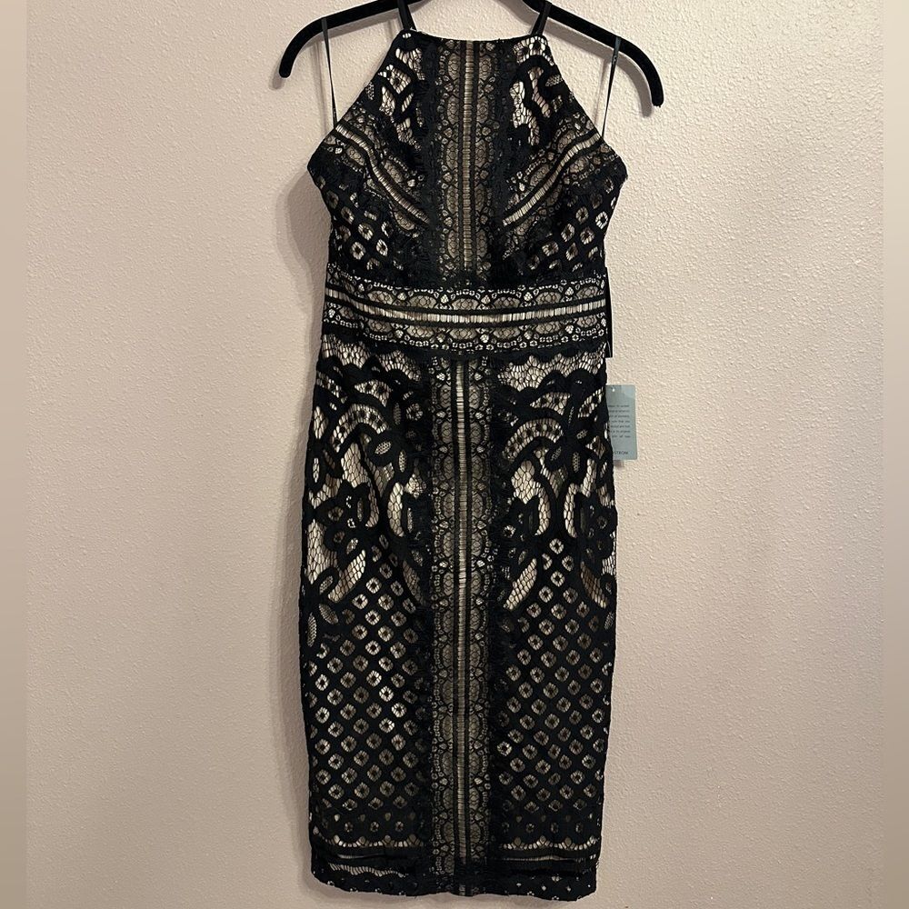 Lulus Black lace midi strappy back halter dress with lining size small